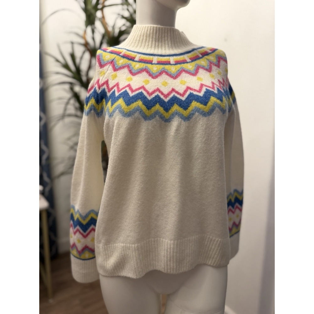 Riley & Rae Fair Isle Sweater S/M High Neck Ivory Blue‎ Pink Soft Ski Lodge Prep